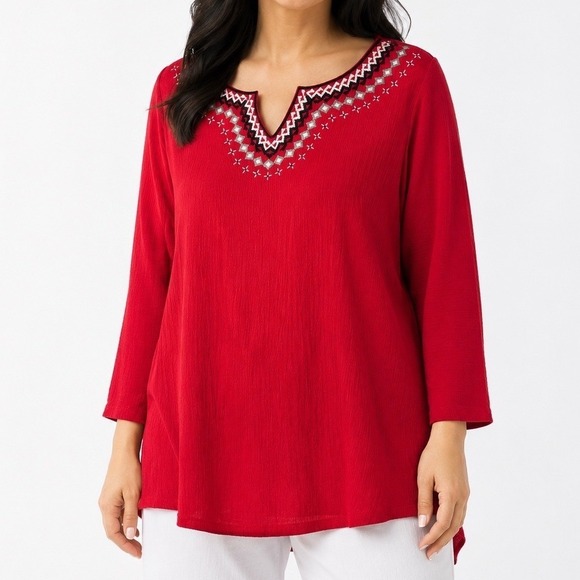 Denim & Co. Tops - Denim & Co Womens XL Red Embroidered Split Neck 3/4 Sleeve Gauze Tunic Top